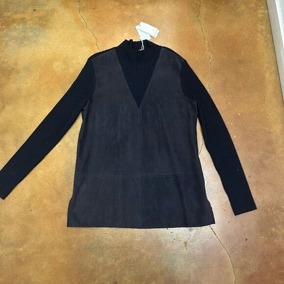 NWT Tory Burch Navy Blue Suede Leather Front Panel Ribbed Knit Sweater L - Picture 1 of 7